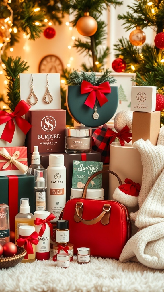 A collection of Christmas gift ideas for women, including jewelry, skincare, and fashion items, set against a festive holiday backdrop.